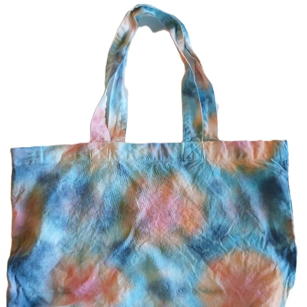 Tie Dye Tote Bag Cotton Reusable Grocery Bag With Blue Pink Orange Handmade - Picture 2 of 16